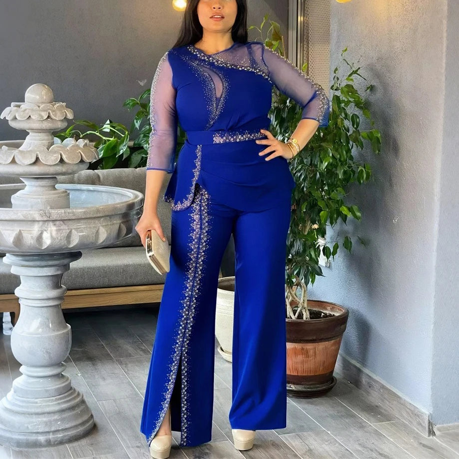 Women 2 Pieces Pants Sets African Ladies Blouse & Long Trousers Beaded Diamond Transparent Sleeve Fashion Business Work Outfits