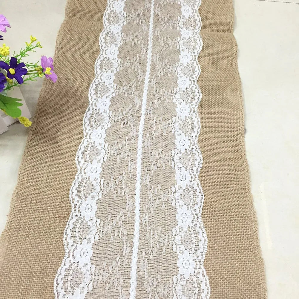 Vintage Burlap Jute Linen Table Runner Lace Cloth Dinning Room Table Gadget Home Decor Accessory New