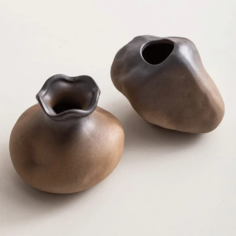 Unique Rustic Ceramic Vase in Stone Shape for Fresh and Dried Flowers Succulents and Hydroponic Plants Decor