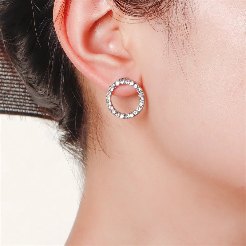 Korean Fashion Versatile Dazzling Circle Stud Earrings with Crystal Cubic Zirconia Minimalist Earrings for Teens Women's Jewelry