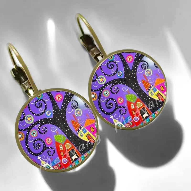 2024 Natural Scenery Earrings beautiful village Women Stud Earring  Abstract Oil Painting House Glass Cabochon Earrings  jewelry