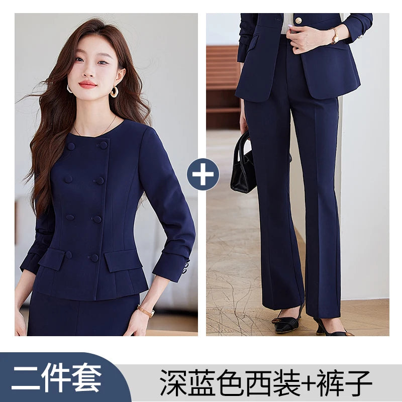 NAVIU 2 Pieces Set Women Double Breasted Blazer Korean Drama Star Elegant A Line Knee Length Slit Stirts Women Work Wear Blue