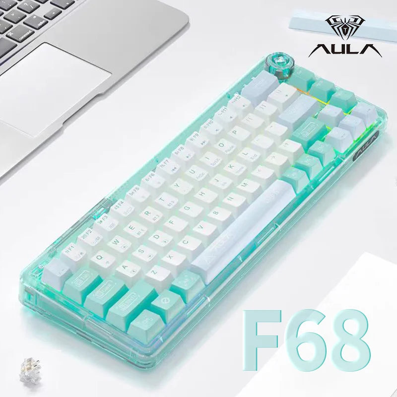 AULA F68 Transparent Mechanical Keyboard 2.4G Wireless/BT/Wired Hot Keycaps Colored RGB Lights For Work Gaming E-Sport Keyboard