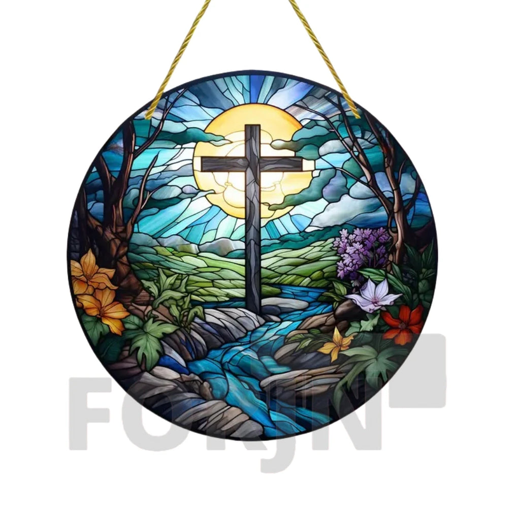 Cross Sun Catcher Acrylic Round Sign,Faux 3D Christianity Religious Pendant Plate,Home,Garden,Room,church,Holy Week&Easter Decor