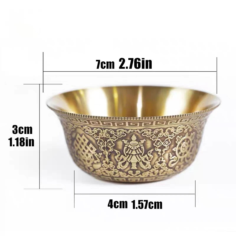 Relief Pure Copper Drinking Bowl Pure Brass Carved Auspicious Tibetan Holy Water Cup Golden Buddhist Bowl Home's Gift Decorative