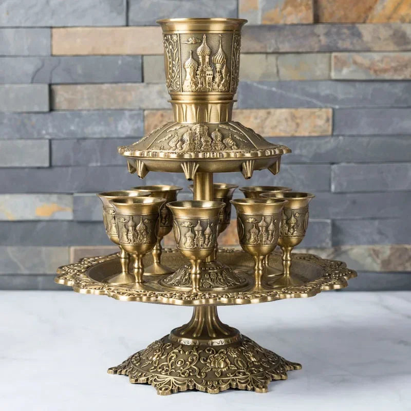 Kiddush Cup & Fountain, Dinner Gathering Wine Pouring Pot Dispenser, Wine Glass Holder Gift Set Copper Alloy