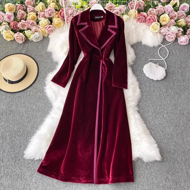 Autumn Winter Velvet Trench Blazer Dress Women Suit Coat Long Sleeve Solid Office Lady Work Dresses Windbreaks