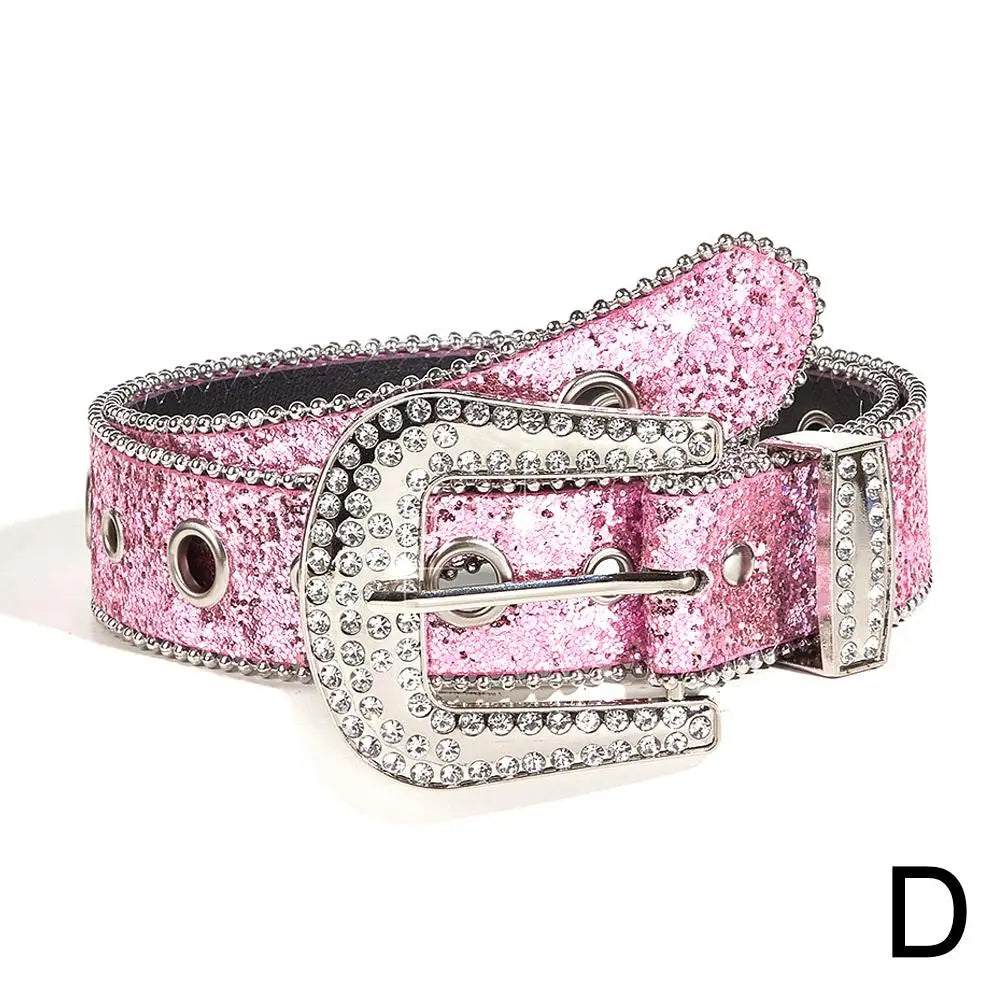 Skull Rivet Rhinestone Bb Belts Trendy Solid Color Sparkling PU Leather Belt Cowboy Cowgirl Jeans Pants Belt For Women Girls