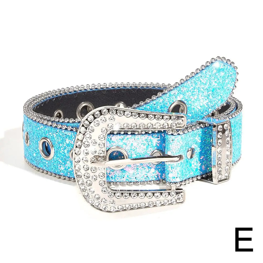 Skull Rivet Rhinestone Bb Belts Trendy Solid Color Sparkling PU Leather Belt Cowboy Cowgirl Jeans Pants Belt For Women Girls