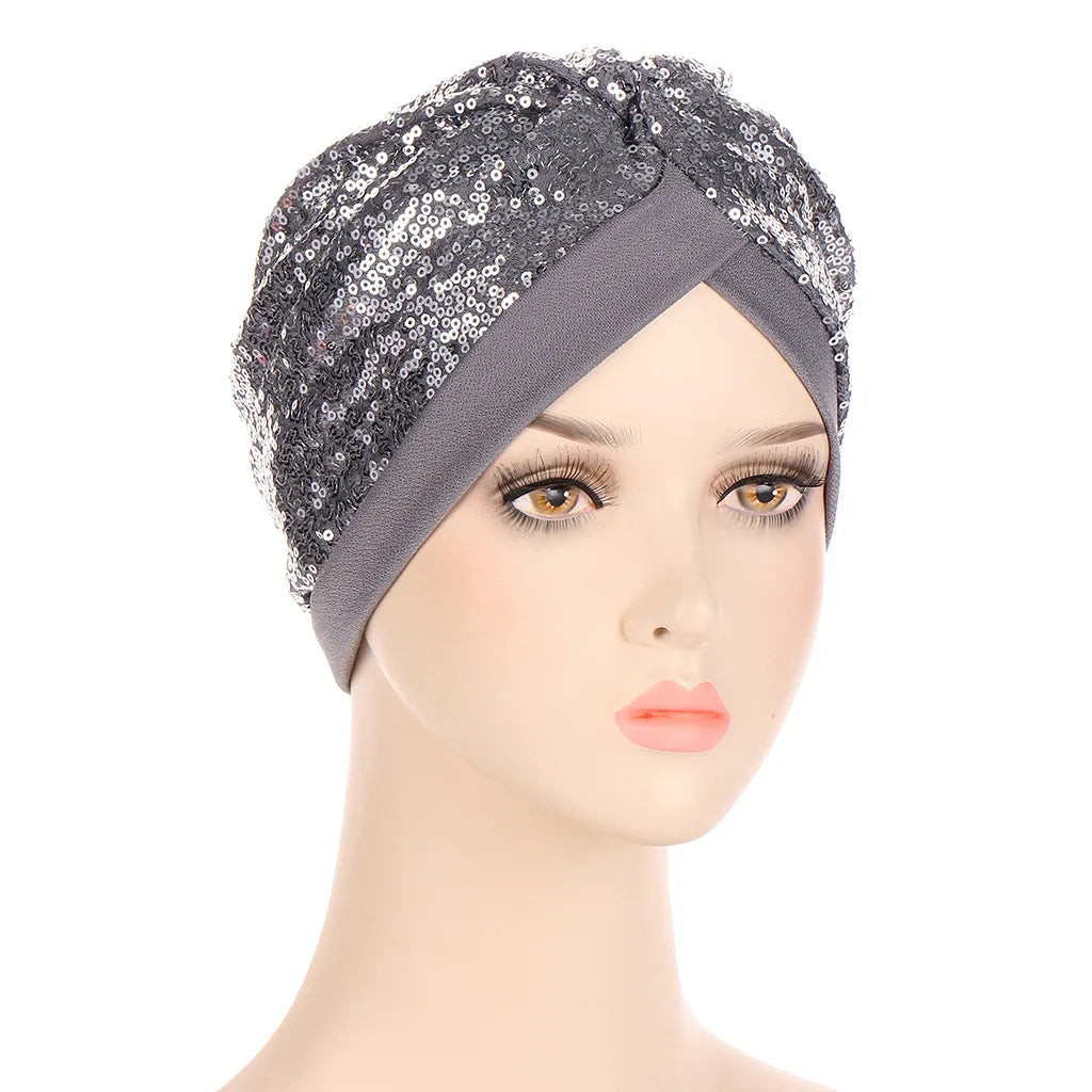 Muslim Headscarf Bonnet Glitter Sequins Hijab Turban Female Head Wraps India Hat Islam Headwear Accessories Chemo Caps beanies