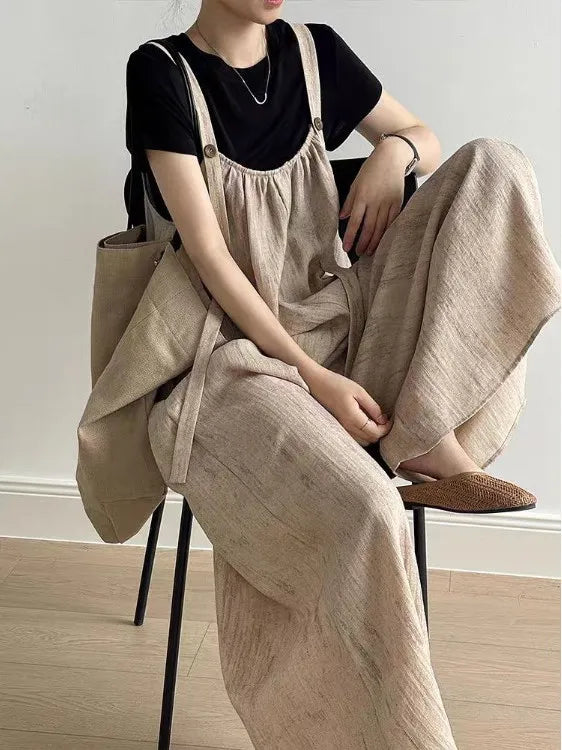 Ladies Cotton Linen Lazy Overalls Summer Drape Loose Casual Wide Leg Pants High Waist Long Trousers Comfortable Fit Casual Pants