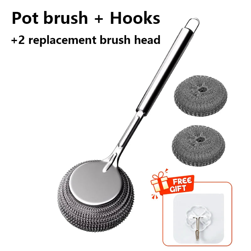 Stainless Steel Pot Brush Kitchen Special Pot Washing Steel Wool Ball Brush Long Handle Dish Cleaning Brush Pot Brush Magic Tool