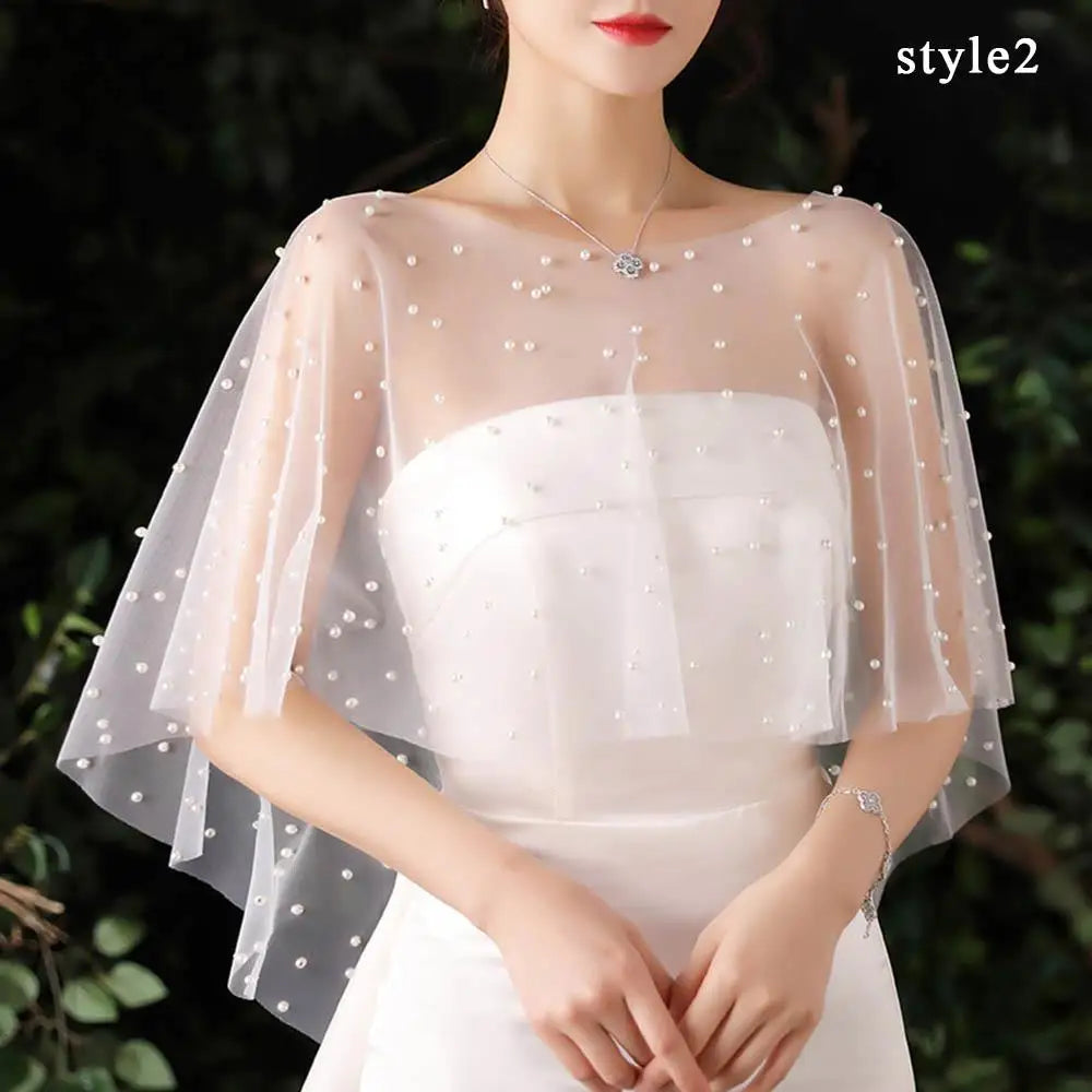 White Tulle Net Shawl For Bride Short Front Long Back See-Through Pearl Bead Wrap Short Sleeve With Plain Silk Edge Wedding Cape