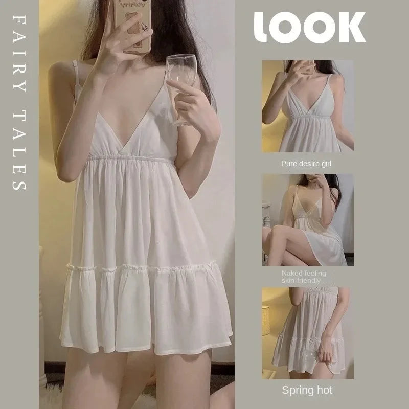 Sleeveless Pajamas Sweet Solid Colours Desirewomen Nightgowns Dresses Strapless Halter Solid Colours Sleeveless Dresses College
