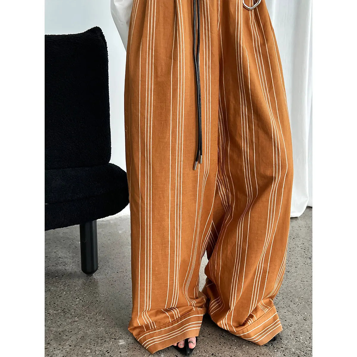 Cotton Linen Bohemian  Long Pant Old Money Style Striped Elastic Casual Pants Women Summer Waist Belt Lazy Wide Legs Pants