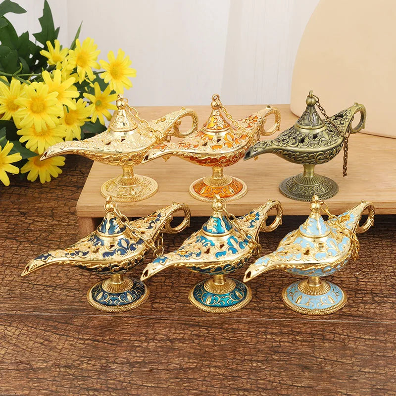 12cm(4.7")Classic Rare Hollow Legend Aladdin Magic Genie Lamps Incense Burners Retro Wishing Oil Lamp Home Decor Gift
