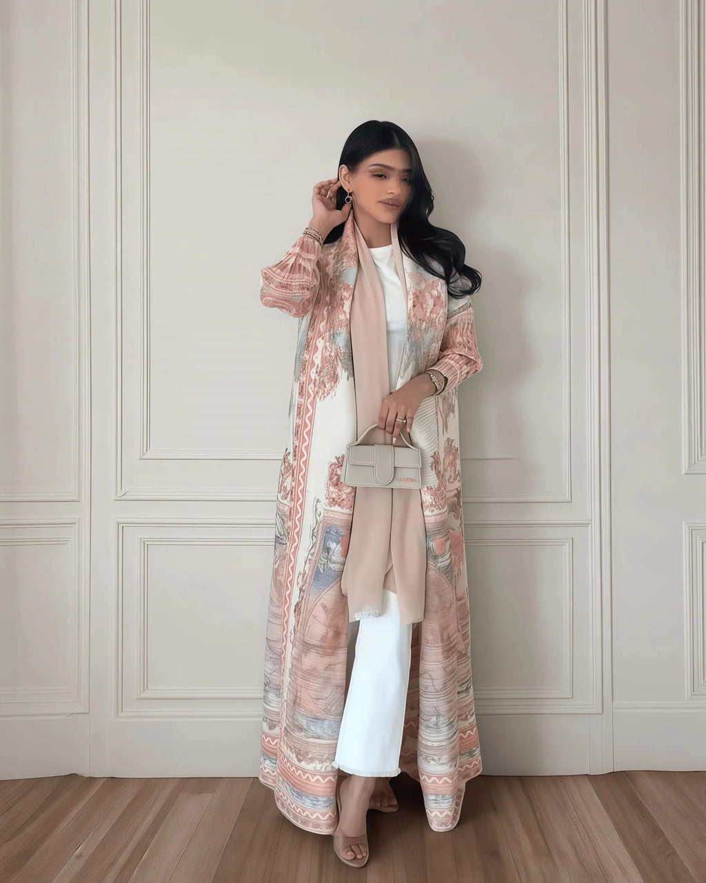 Women's Fold Miyake Pleated Abaya Long Sleeve Print Foldable Collar Robe Cardigan Coat New Winter Fashion Original Design 2024