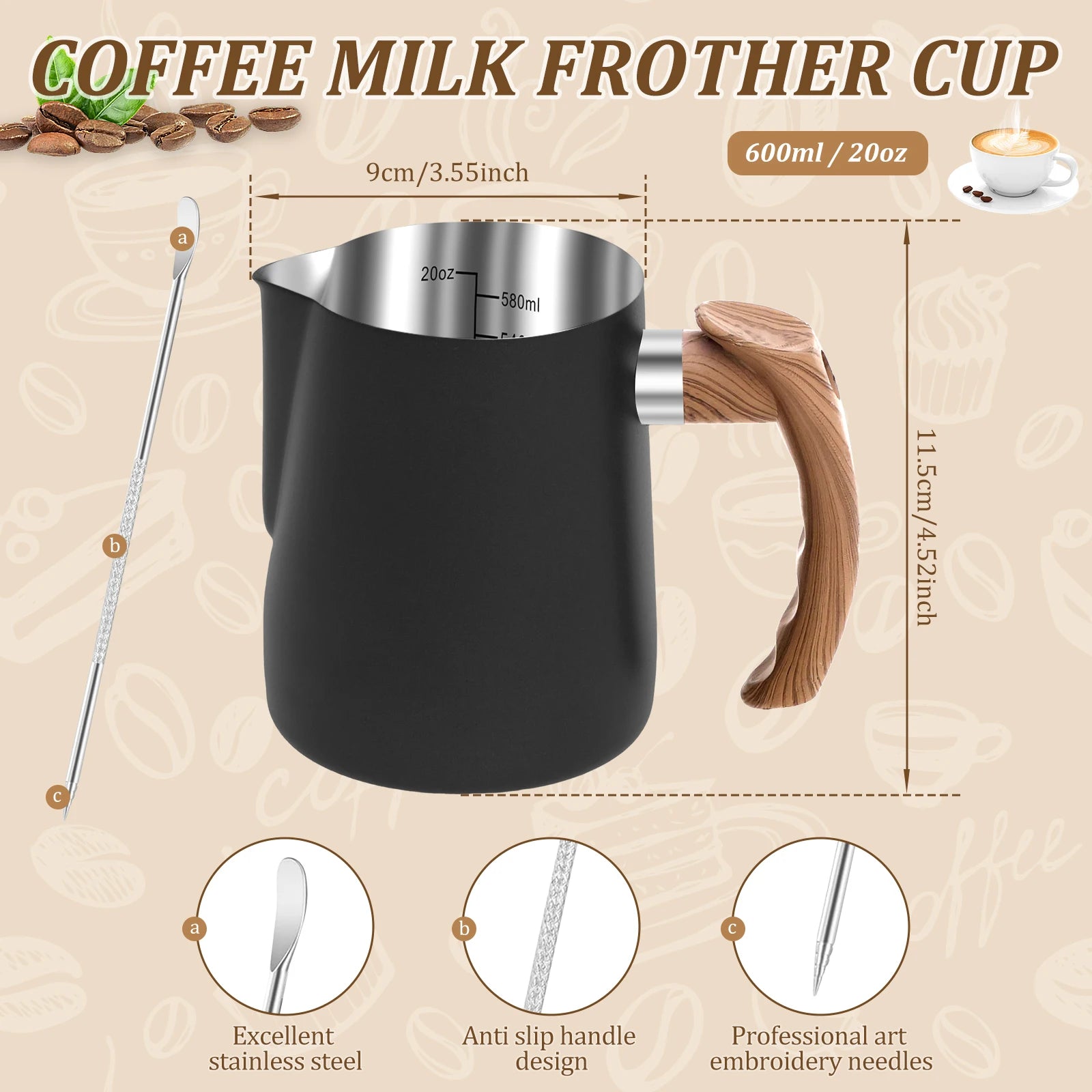 Milk Frothing Pitcher with scale Ergonomic handle Stainless steel safe and durable for Barista Espresso Pitcher