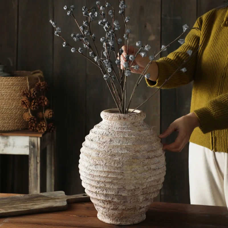 Retro Nostalgic Rough Clay Pottery Vase 21.5CM High Vasen Room Decoration Vases Vintage Handmade Style Home Decor Items