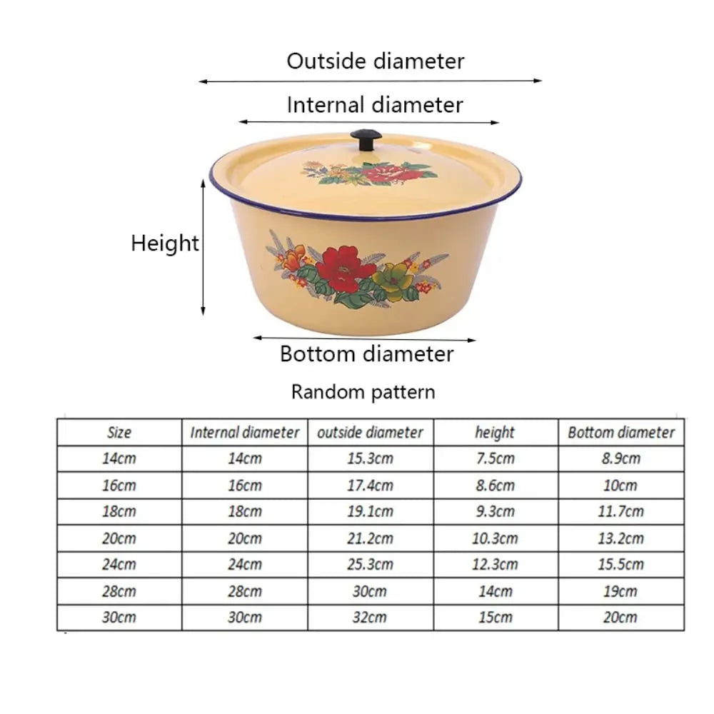 Food Storage Pot Vintage Enamel Bowls with Lid Yellow Lard Pot Random Pattern Rustproof Soup Container Noodle