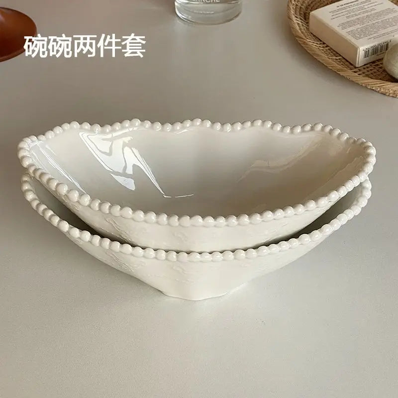 Ins Style Light Luxury Solid Color Bead Bowl Wavy Edge Ceramic Salad Bowl High Aesthetic Breakfast Plate Exquisite Home