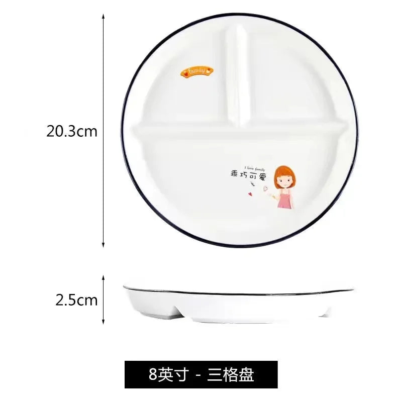 Ceramic Plate Cartoon Fat-reducing Sub-plate, Sub-plate, Household Dish Plate, Three-plate Breakfast Plate, Tableware Gift Set