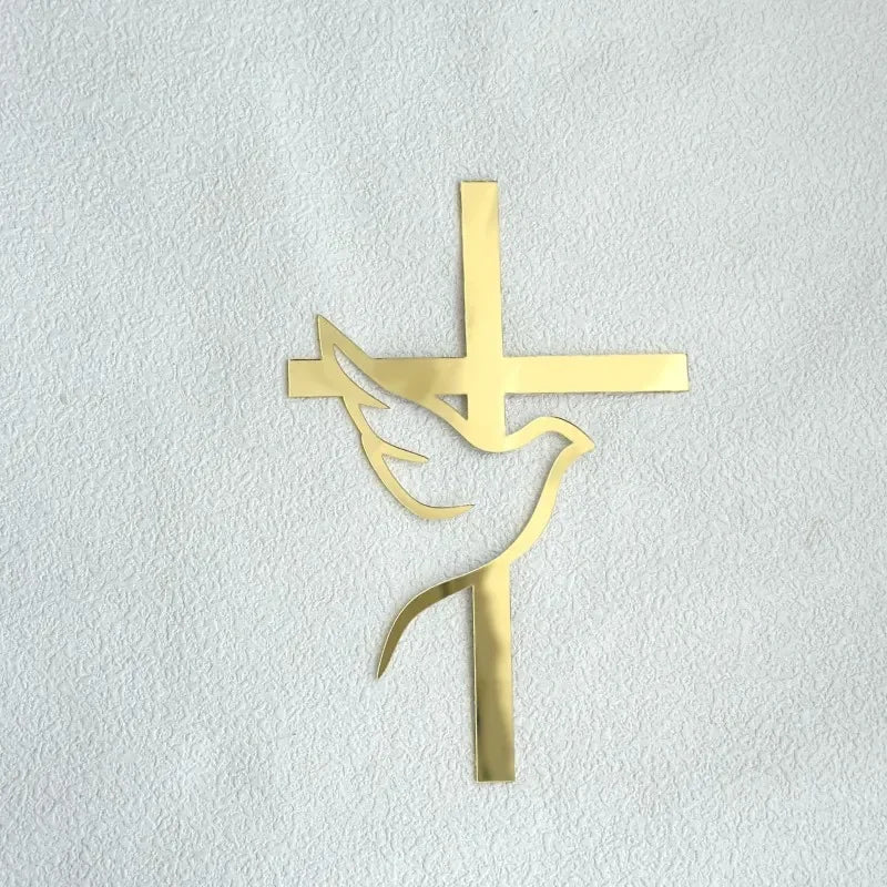 Cross Christ Jesus Birthday Cake Topper Gold Acrylic Dove Cross for Eucharist Baby Baptism Party Cake Toppers Dessert Decoration