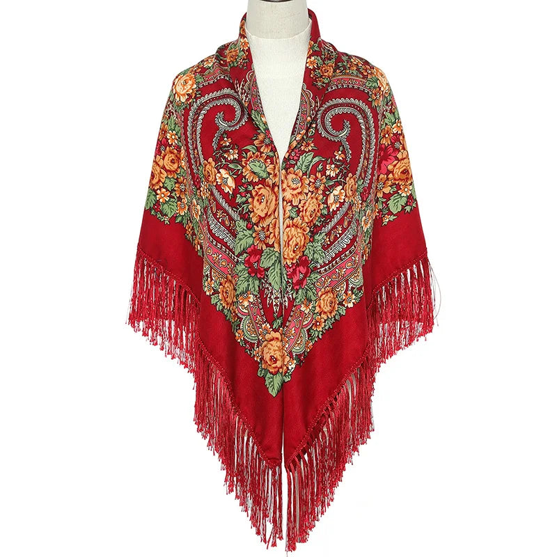 Women Luxury Floral Printed shawl Scarf for woman Square Babushka Handkerchief Head Wraps cardigan  Bohemia Retro Fringed Cape