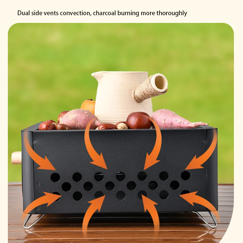 Portable multi-functional square barbecue grill for outdoor camping, drawer grill for roasting tea and meat around the stove