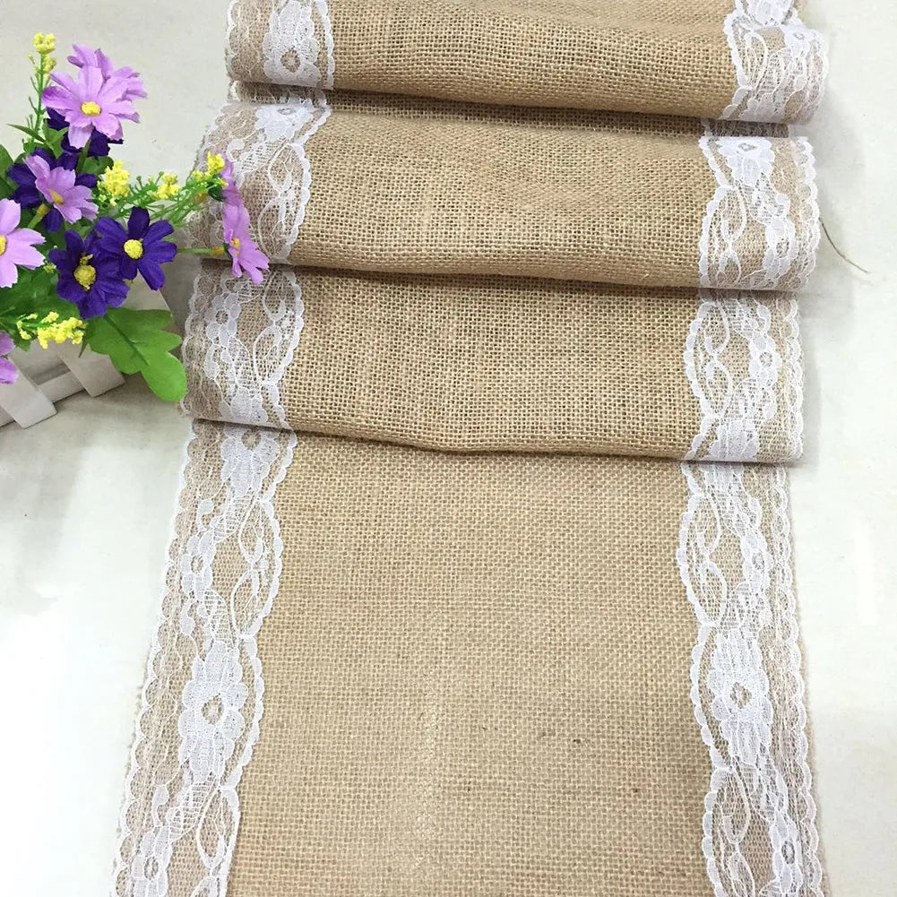 Vintage Burlap Jute Linen Table Runner Lace Cloth Dinning Room Table Gadget Home Decor Accessory New