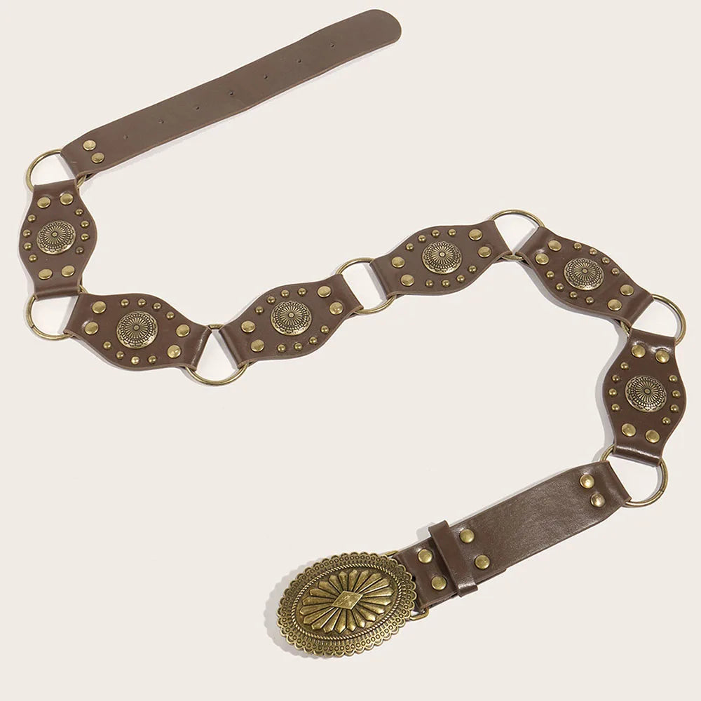 Vintage Circle Splicing Belts Cowboy Hollow PU Girdle Rivet Punk Metal Buckle Spice Girls Skirt Decoration Heavy Duty Wide Belt