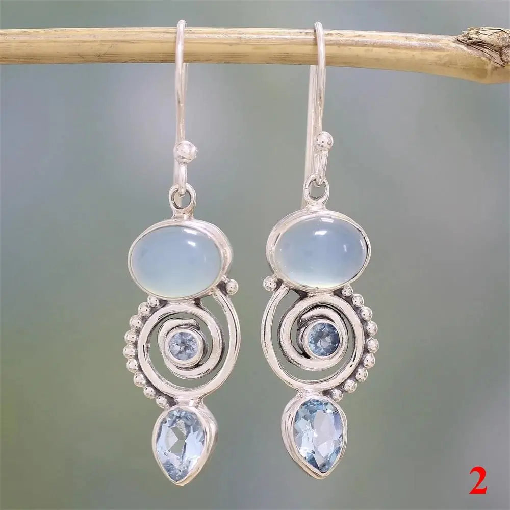 Vintage Women Natural Charm Multi-Gemstone Rainbow Moonstone Peridot Amethyst Turquoise Pendant Earrings Dangle Earrings Jewelry