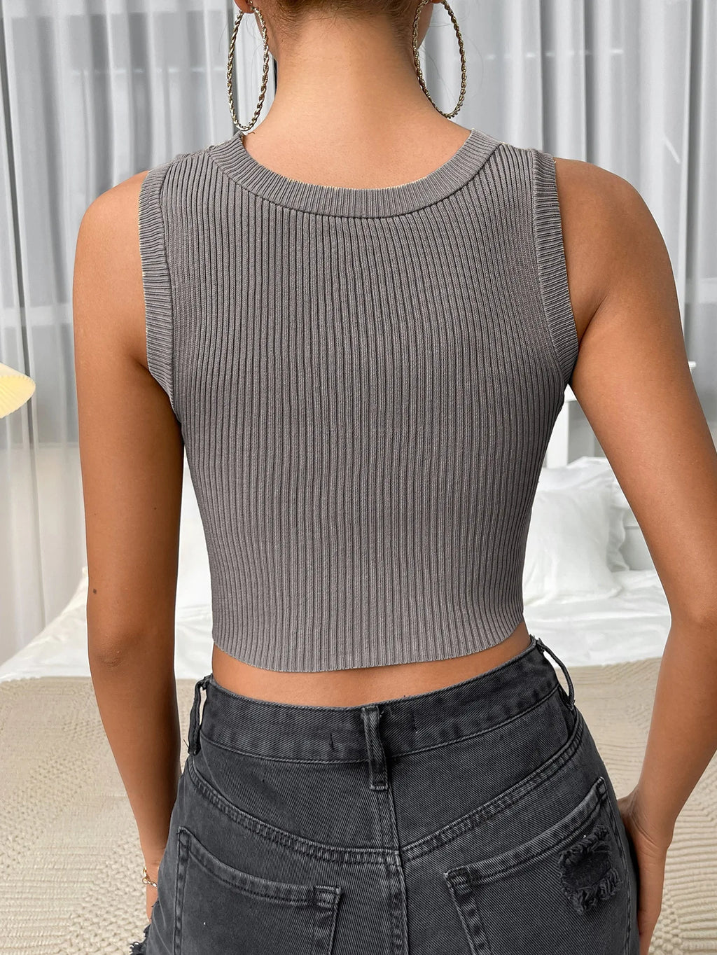 Chest Hollow Out Ribbed Knitting Tank Top Women Halter Crop Tops Sleeveless Bare Midriff Camisole Female Tube Top Cropped Vest