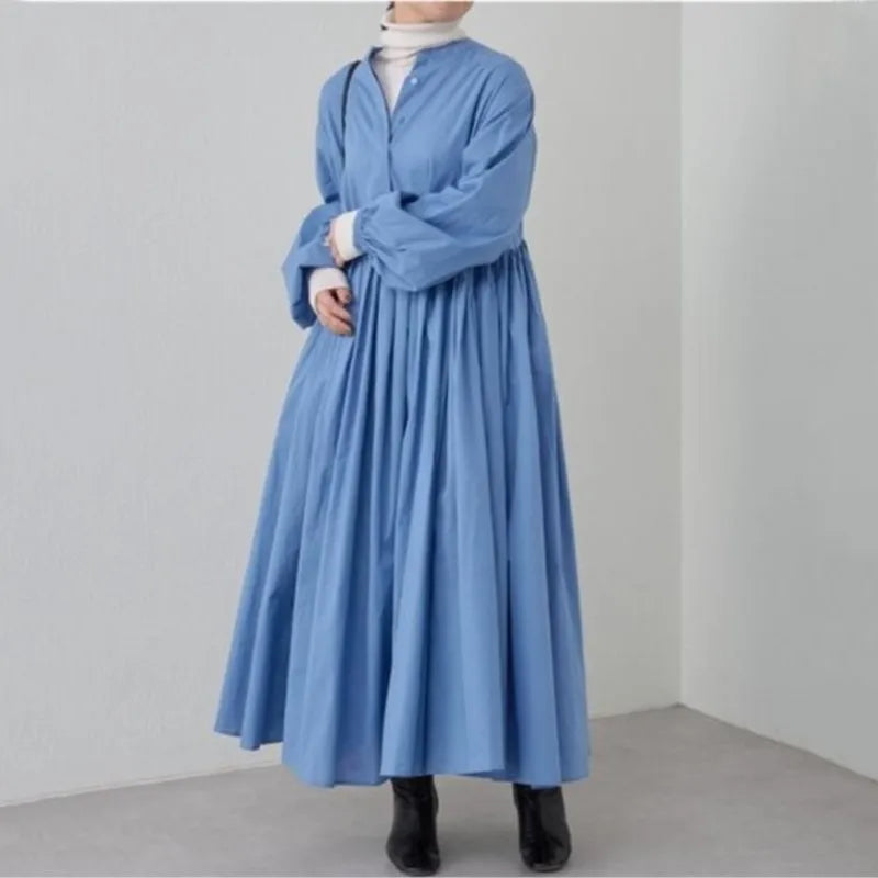 Cotton Linen Loose Dresses For Women Solid Korean version Long Sleeve Pleated Big Swing Robe Autumn Vintage Casual Clothes