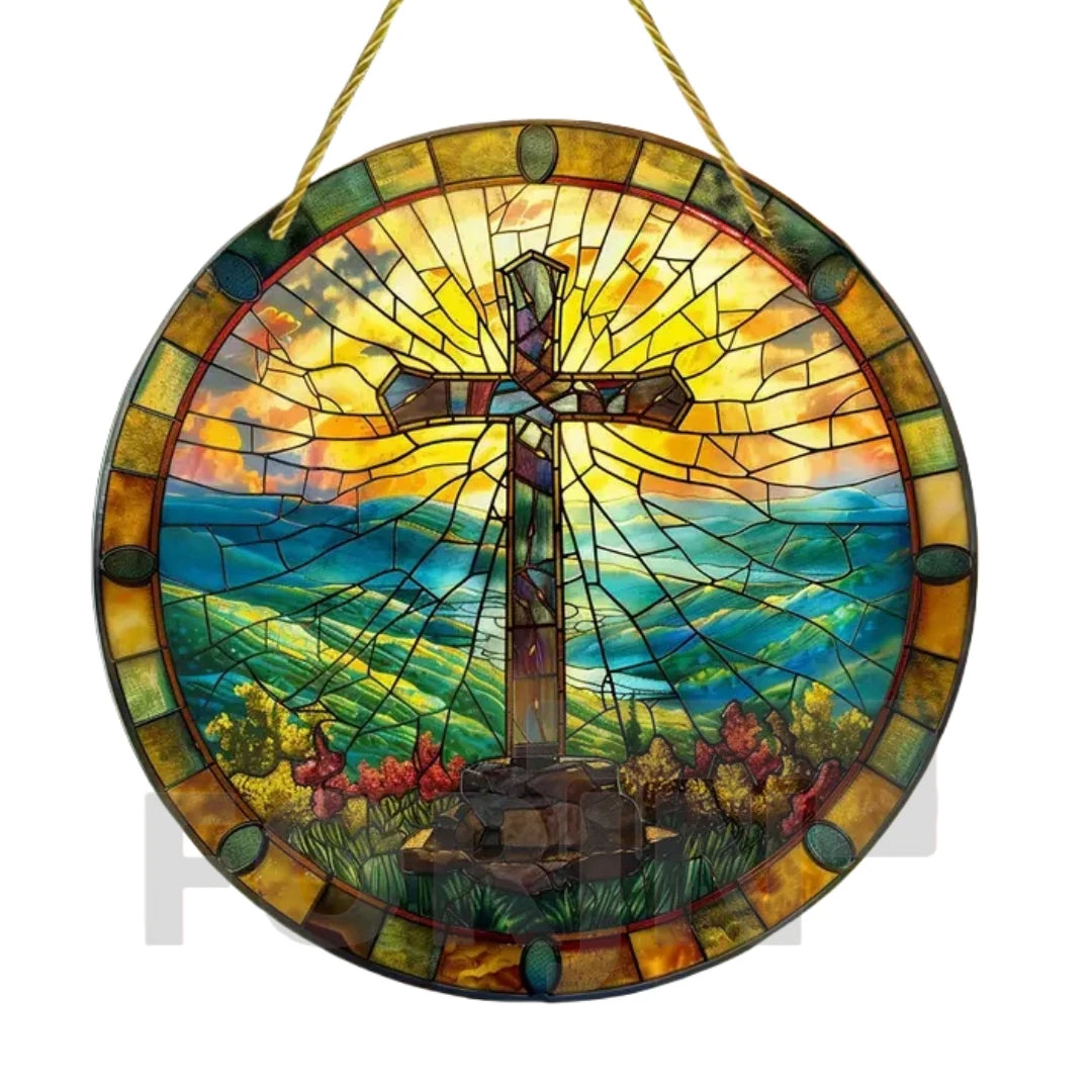 Cross Sun Catcher Acrylic Round Sign,Faux 3D Christianity Religious Pendant Plate,Home,Garden,Room,church,Holy Week&Easter Decor