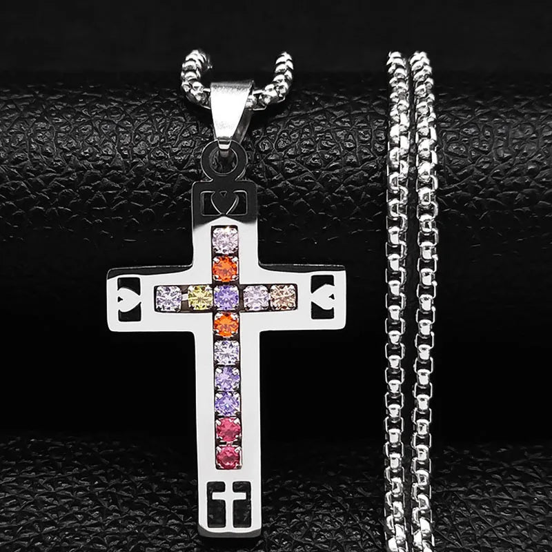 Catholic Jesus Cross Stainless Steel Necklace Saint Benedict Crystal Virgin Mary Pendant Crucifix Male Necklaces Jewelry cruz