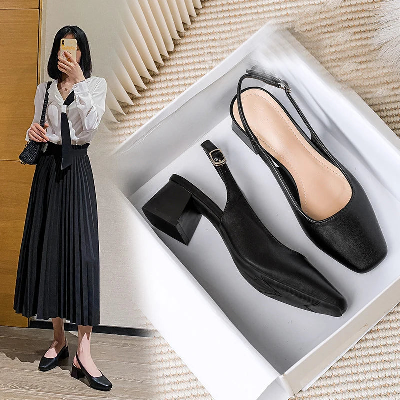 shoes suqare toe leather sandals women thick high heels summer shoes back strap green  big size 43