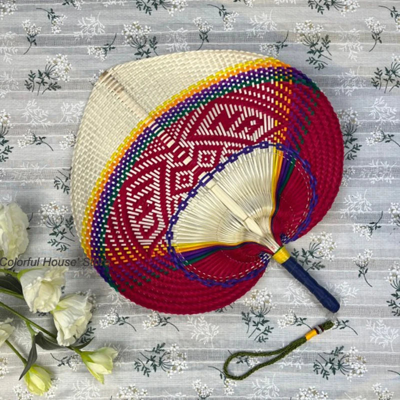 1pc Natural Bamboo Raffia Hand Fan Summer Cooling Supplies Hand Colored Woven Fan Farmhouse Wall Decoration Wedding Party Gift