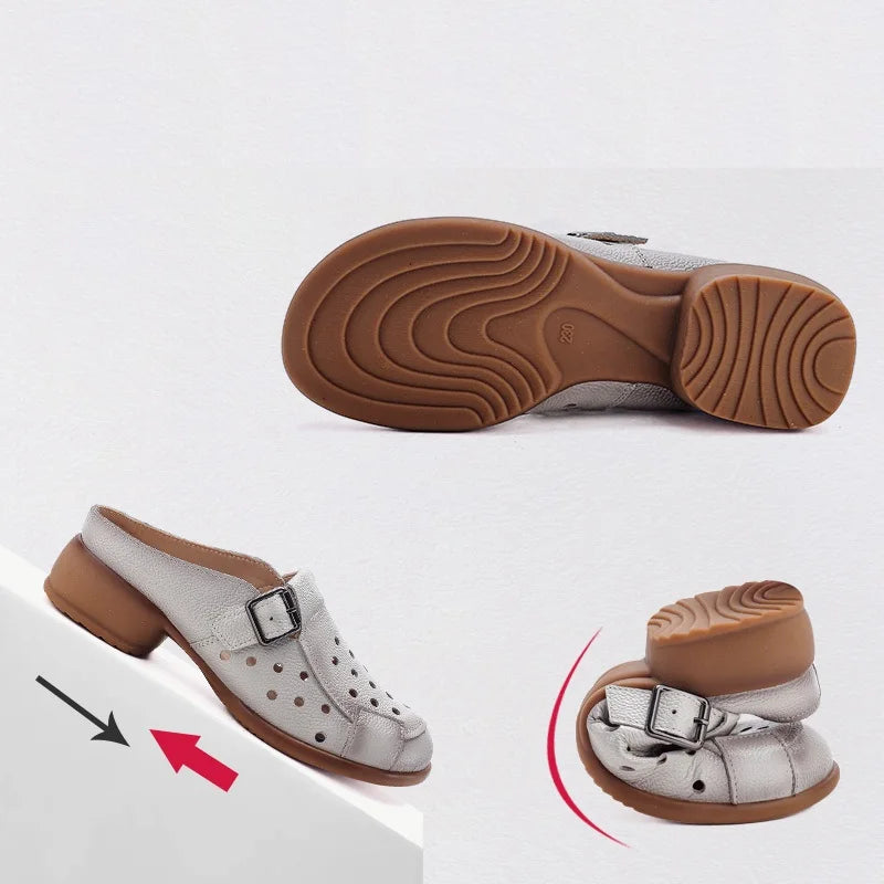 2025 Cow leather low heel sandals women's hollow out mules shoes woman buckle strap slipper sandals ladies elegant slip on shoes