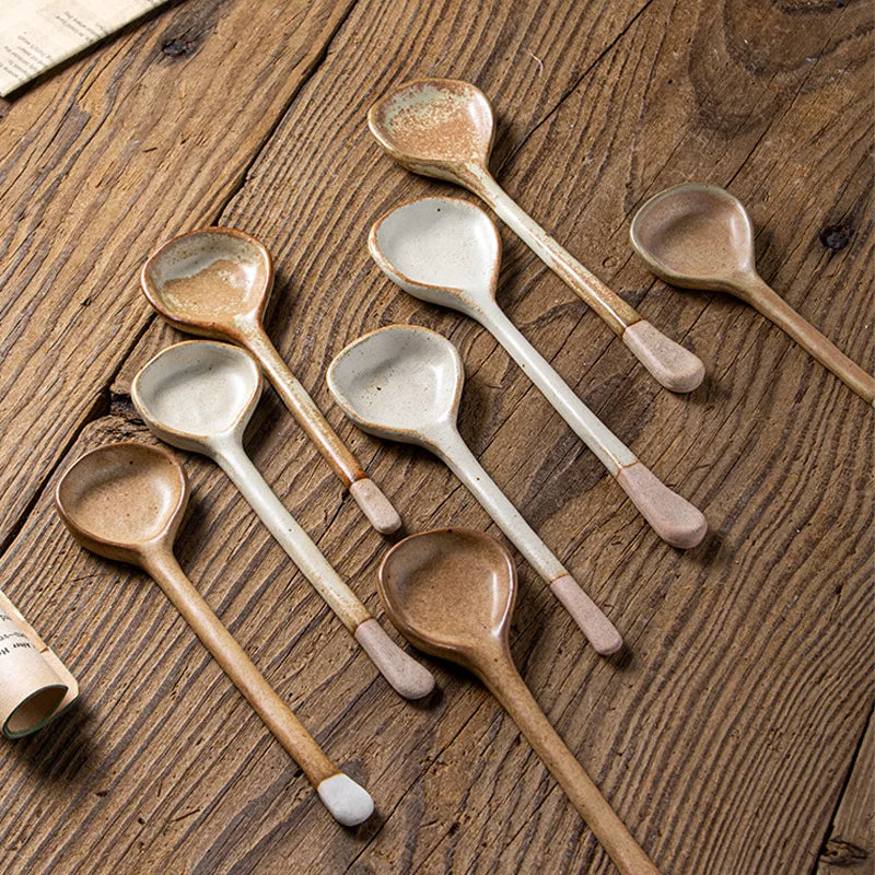Japanese Coarse Pottery Spoon Household High Appearance Level Small Spoon Long Handle Coffee Cup Spoon Soup Spoon Porridge Spoon