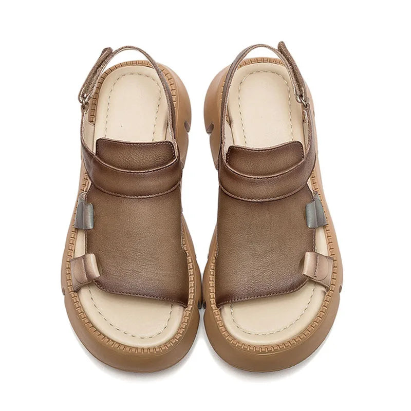Women's Sandals  Summer Genuine Leather Thick Sole Ladies Sandals Summer Shoes Women Retro Style Handmade Shoes