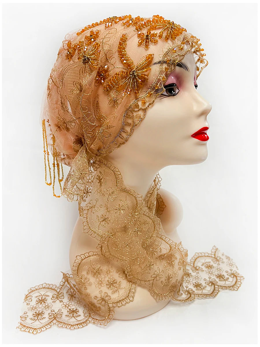 Explosive Head Cover Mesh Fabric Hand-Embroidered Hanging Beaded String acrylic Ribbon Hats Dubai New Muslim Arabic Worship Hat