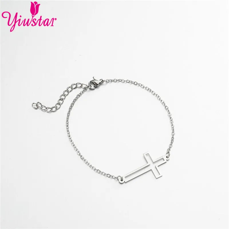 New Simple Christian Cross Stainless Steel Chain Bracelets for Women Men Religious Jewelry Lucky Cuff Bangles Gift Wholesale