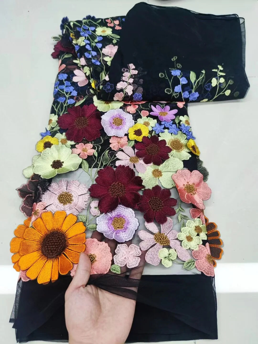 Unilateral embroidered cloth 3D applique embroidered fabric high-end women's dresses wedding dress material