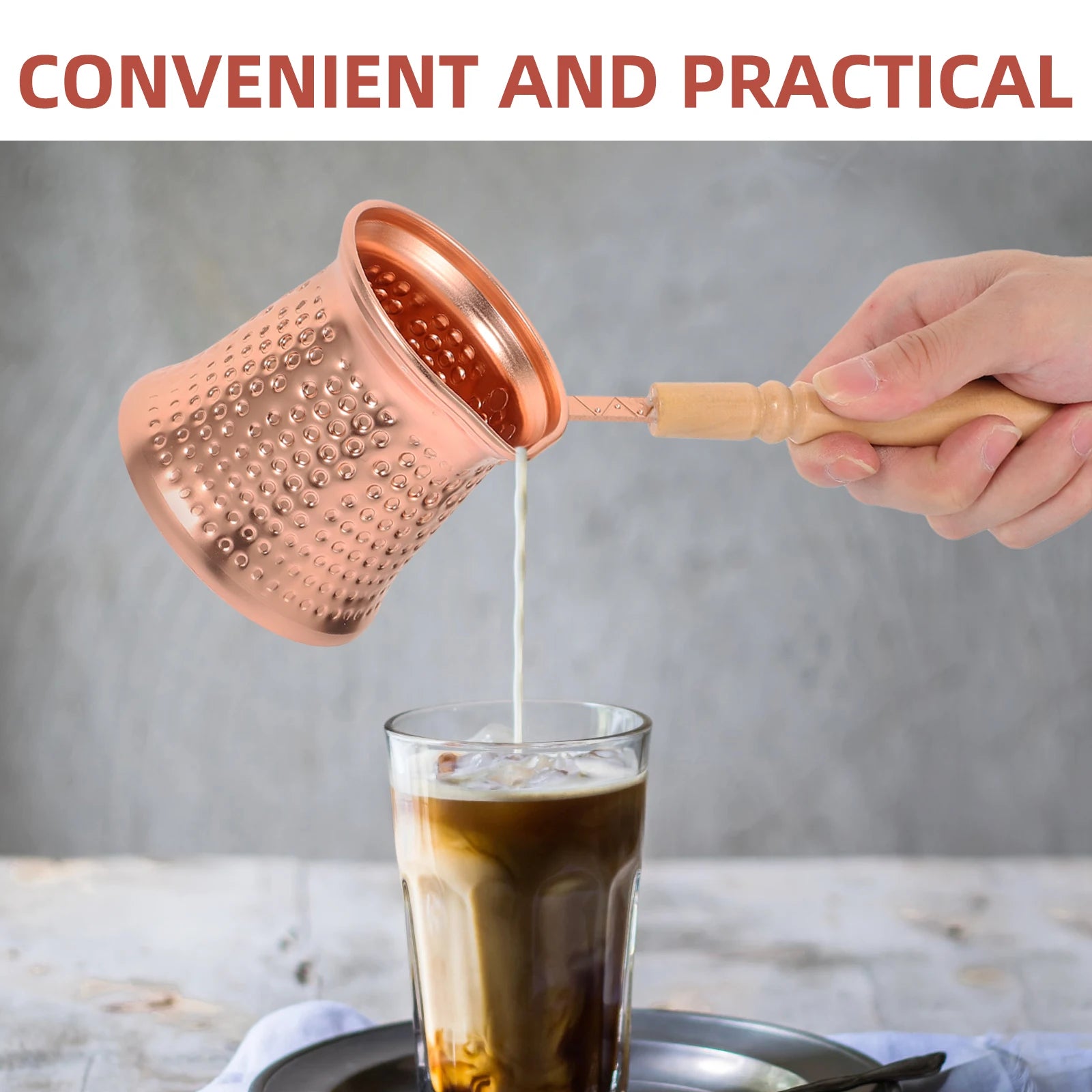 Turkish Coffee Pot Milk Jug with Wooden Handle Kitchen Coffee Heating Pot Copper Alloy Drinkware, 350ml for Home Espresso