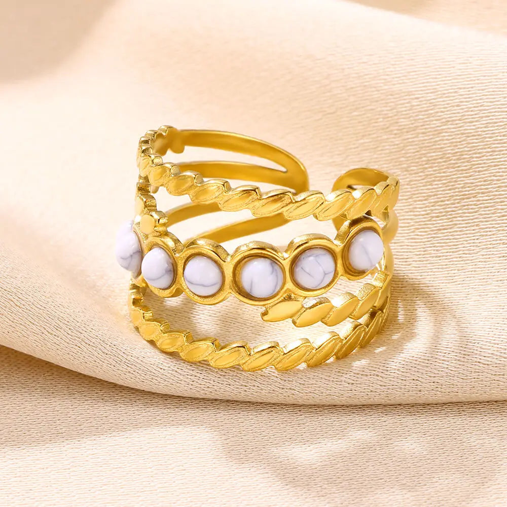 Round Sun Natural Stone Hollow Rings For Women Trendy Aesthetic Classic Gold Color Ring Vintage Stainless Steel Jewelry Gift New