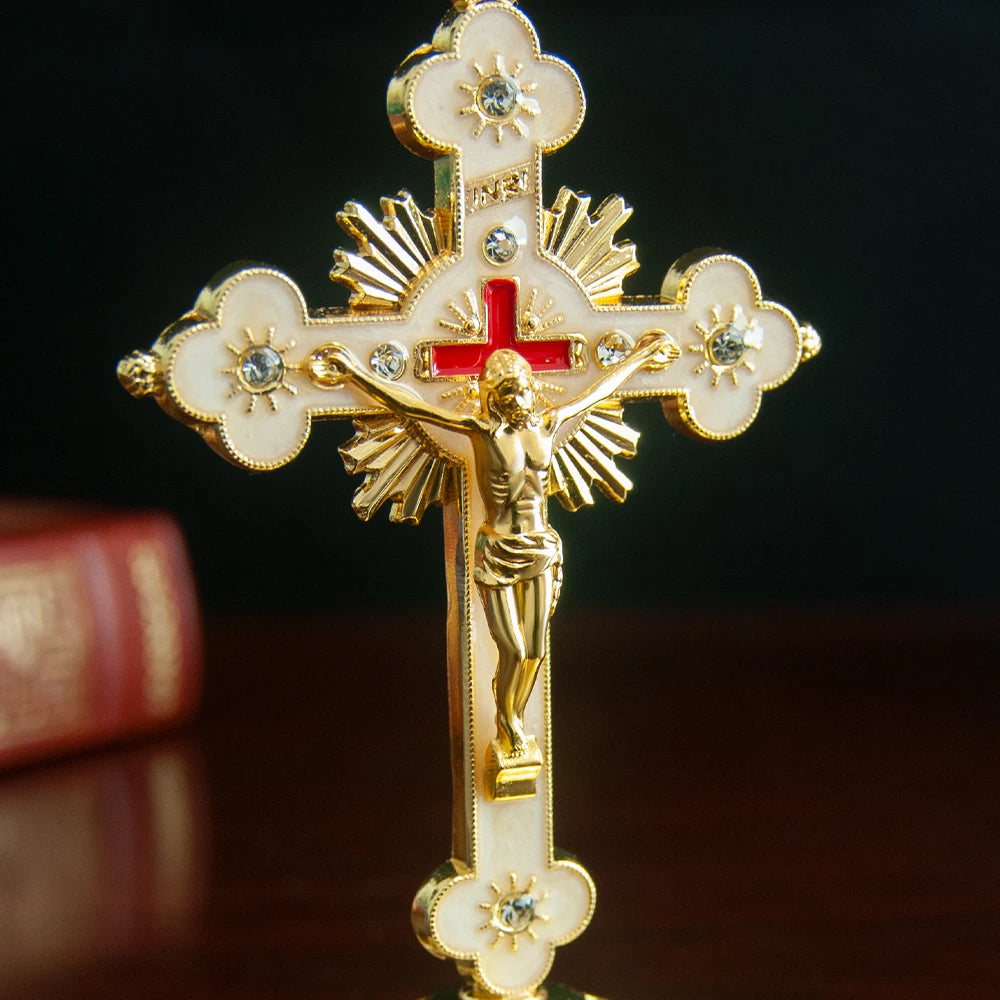 Catholic Cross, Metal Standing Cross Crucifixion Cross Religious Tabletop Decoration Gift for Faithful