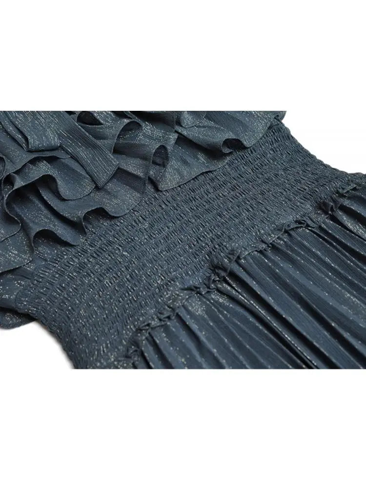 Lace Up Tie Collar Lady Dress 2025 Summer Cloak Stretch Waist Pleated Elegant Large Hem Shiny Women's Long Chiffon Dresses
