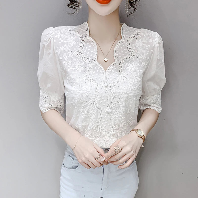 Elegant White Embroidery Lace Tops Casual Short Sleeve Blouse Spring Women Clothes Fashion Linen Cotton Loose Shirt Blusas 13102