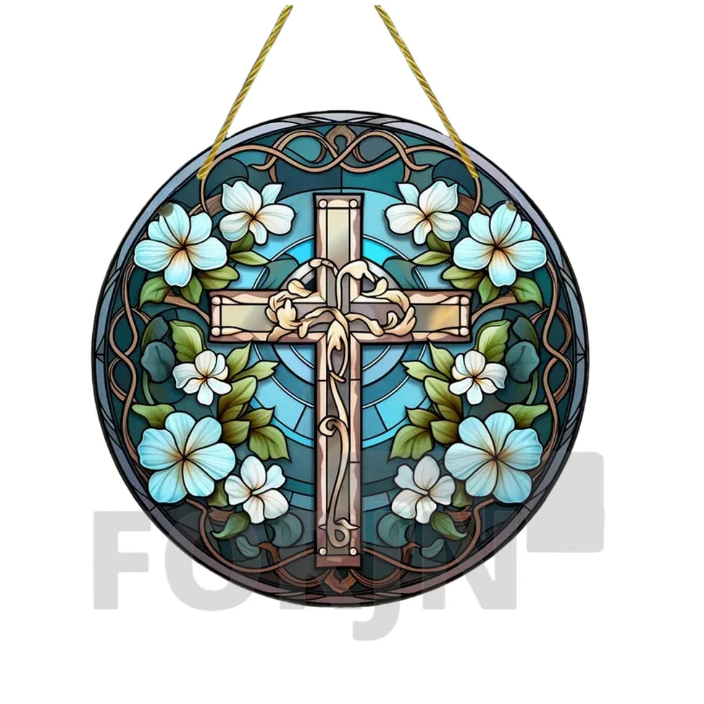 Cross Sun Catcher Acrylic Round Sign,Faux 3D Christianity Religious Pendant Plate,Home,Garden,Room,church,Holy Week&Easter Decor